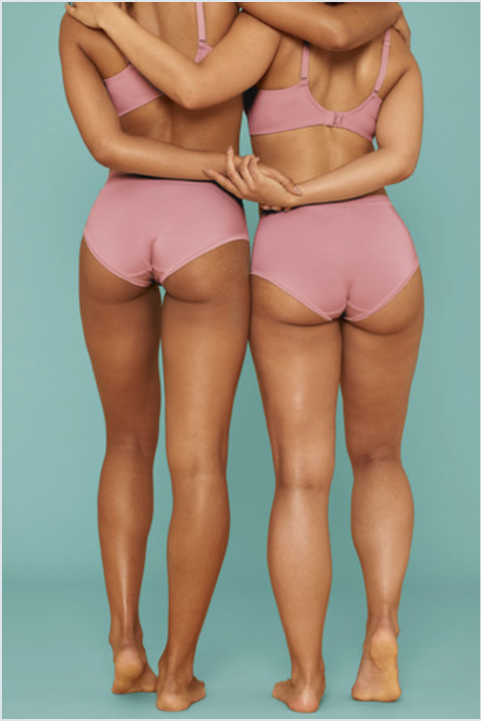 Picture of the backside of 2 ladies in pink bra & panties